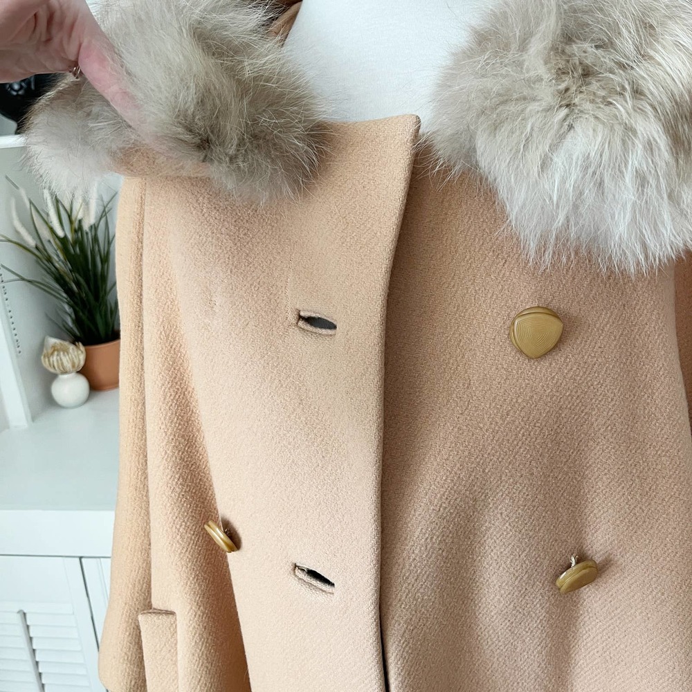 Vintage Romay Azens Fur Collar Camel Tan Wool Swing Cape Coat Size S/M - Picture 9 of 9